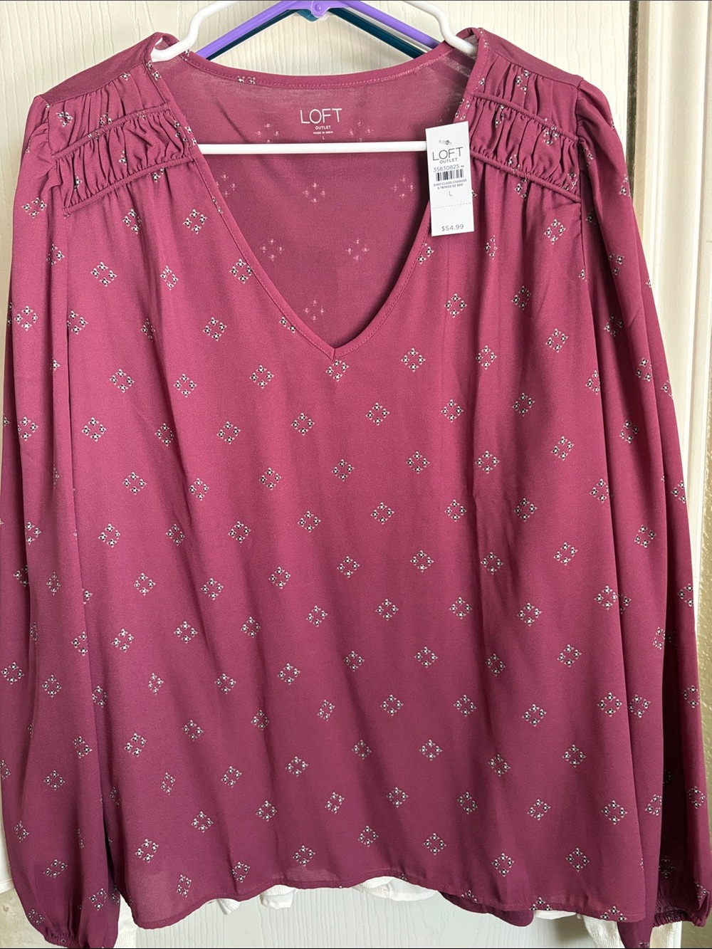 LOFT Mauve Pink V-Neck Long Sleeve Blouse with Metallic Dots